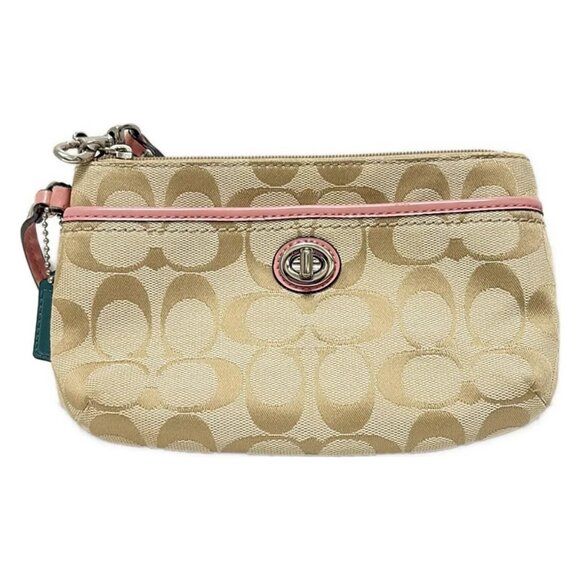 Auth COACH Signature - Beige Light Pink Jacquard Leather Pouch - Picture 1 of 6